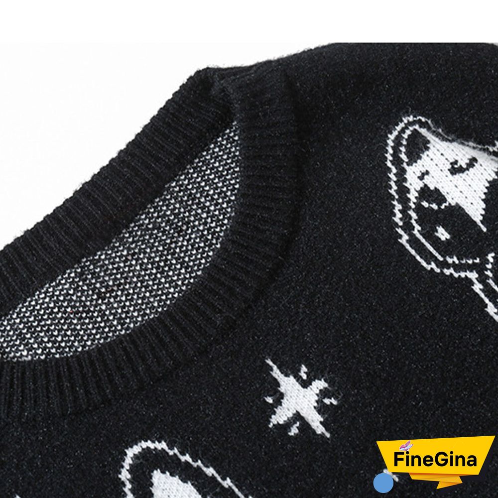 Cartoon Cat Print Loose Sweater