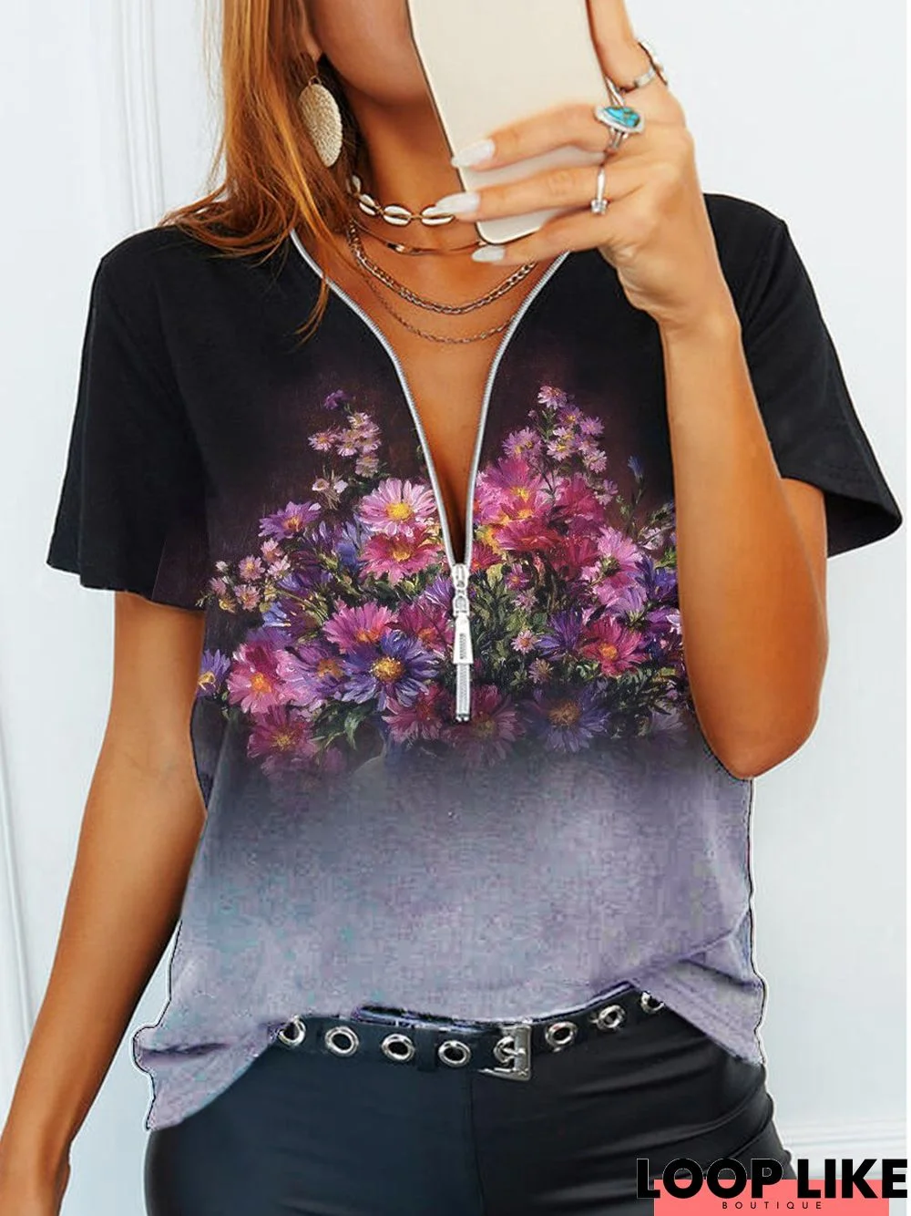 Statement V Neck Short Sleeve T-shirt