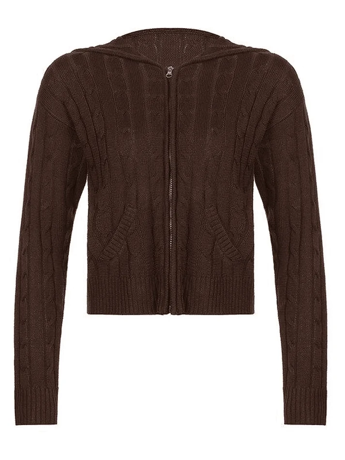 Brownm Hooded Cable Knit Cardigan