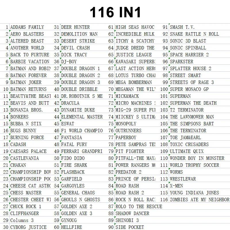 16 Bit Game Cartridge - 116 IN 1 Classic Collection Genesis/MEGA DRIVE Remix Mulit Cart - Region Free