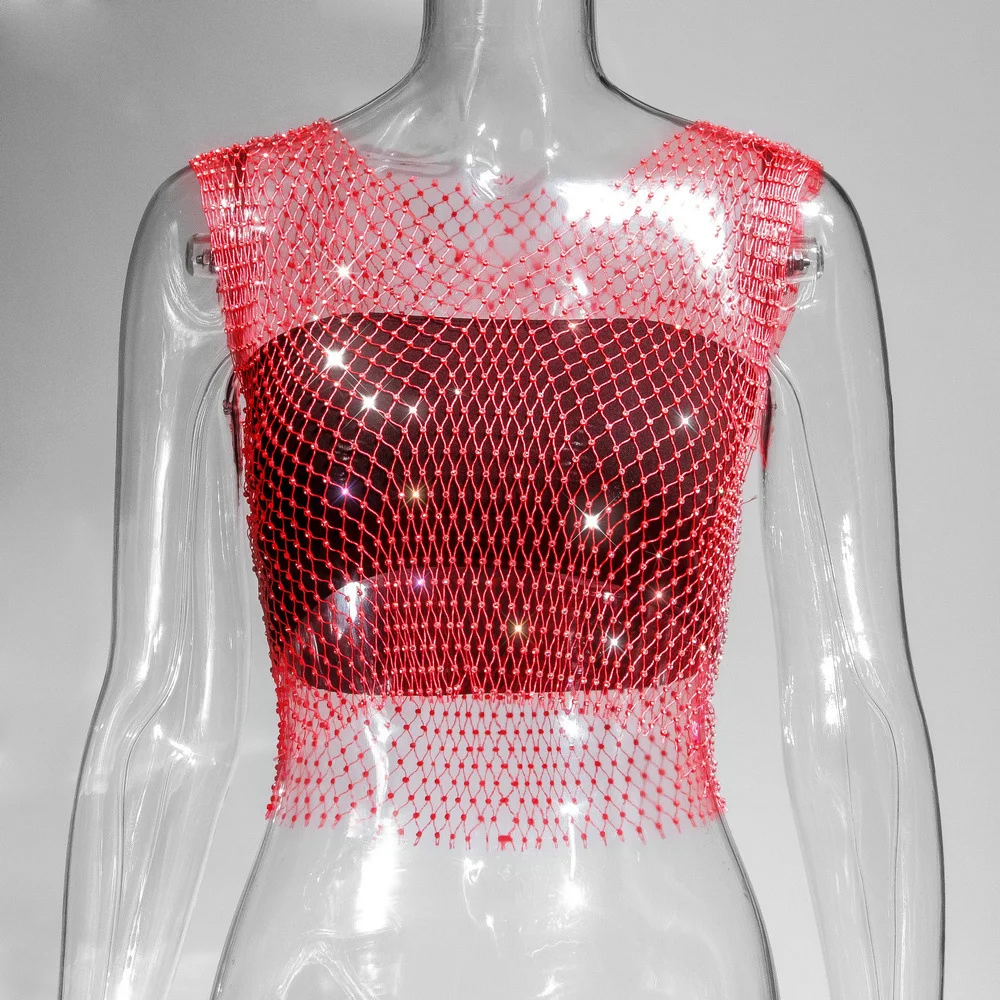 Uveng Uveng Nightclub Dresses Fishnet Hollow Out Rhinestone Vest Mesh Flash Diamond Sling Top Female