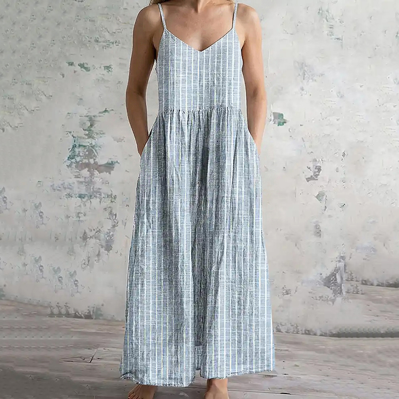 Comstylish Women's Vintage Stripe Pattern Flowy Linen Blend Casual Maxi Dress
