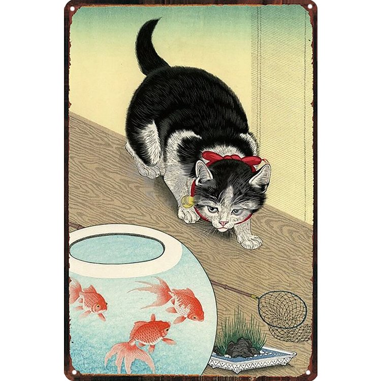 Cat Looking At A Jar Of Gold Fishes - Vintage Tin Signs/Wooden Signs - 7.9x11.8in & 11.8x15.7in