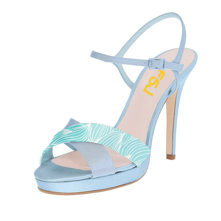 Light Blue Floral Platform Sandals Stiletto Heels Slingback Sandals |FSJ Shoes
