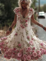 Women's Heavy-duty Pink Rose Vintage Short-sleeved Dress