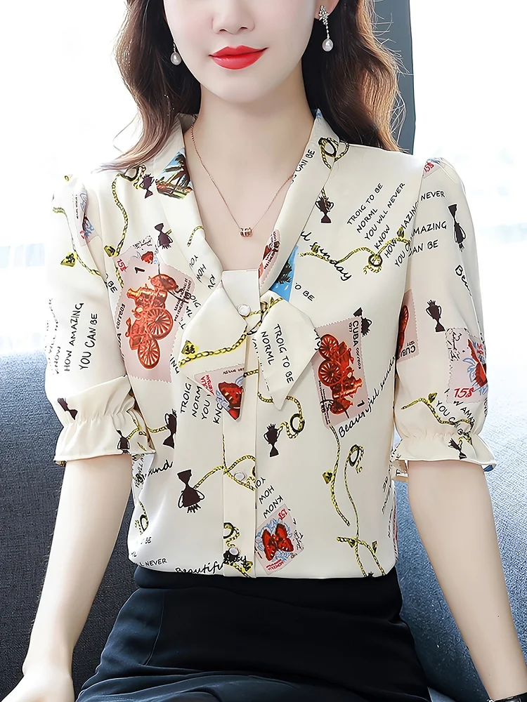 Women's Lightweight V-Neck Blouse With Vibrant Butterfly Print - Semi-Sheer Short Sleeve Shirt For Spring Summer Fall, Machine Washable Elegant Top For Casual & Formal Wear, Seasonal Fashion, Nontransparent Fabric