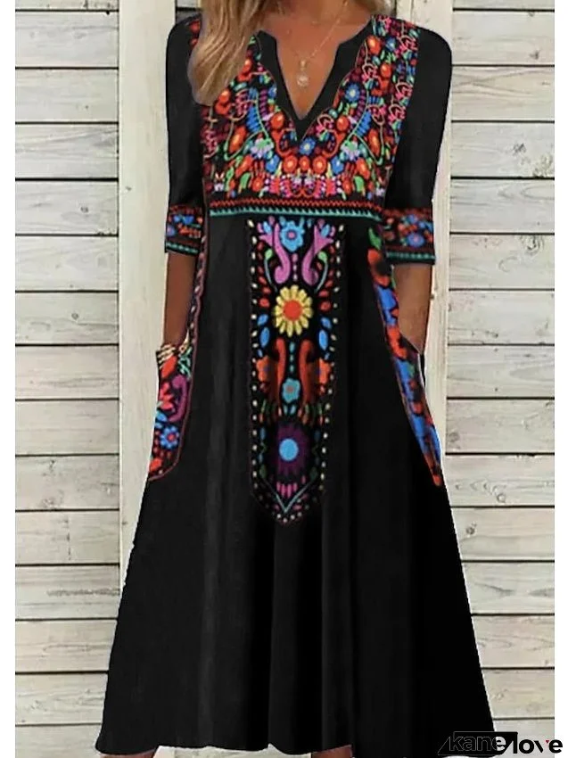 Women's Dress - Casual Dress Ethnic Dress Shift Dress Midi Dress Black Half Sleeve Floral Pocket Fall Spring Summer V Neck Vintage Birthday Daily Date S M L XL XXL 3XL