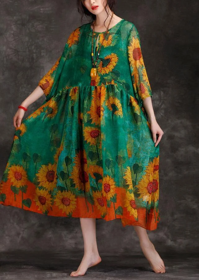 Loose green print clothes For Women o neck Cinched Maxi summer Dresses