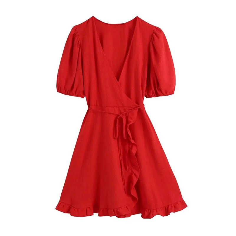 KPYTOMOA Women 2021 Chic Fashion Tie Belt Wrap Linen Mini Dress Vintage Puff Sleeves Ruffled Female Dresses Vestidos Mujer