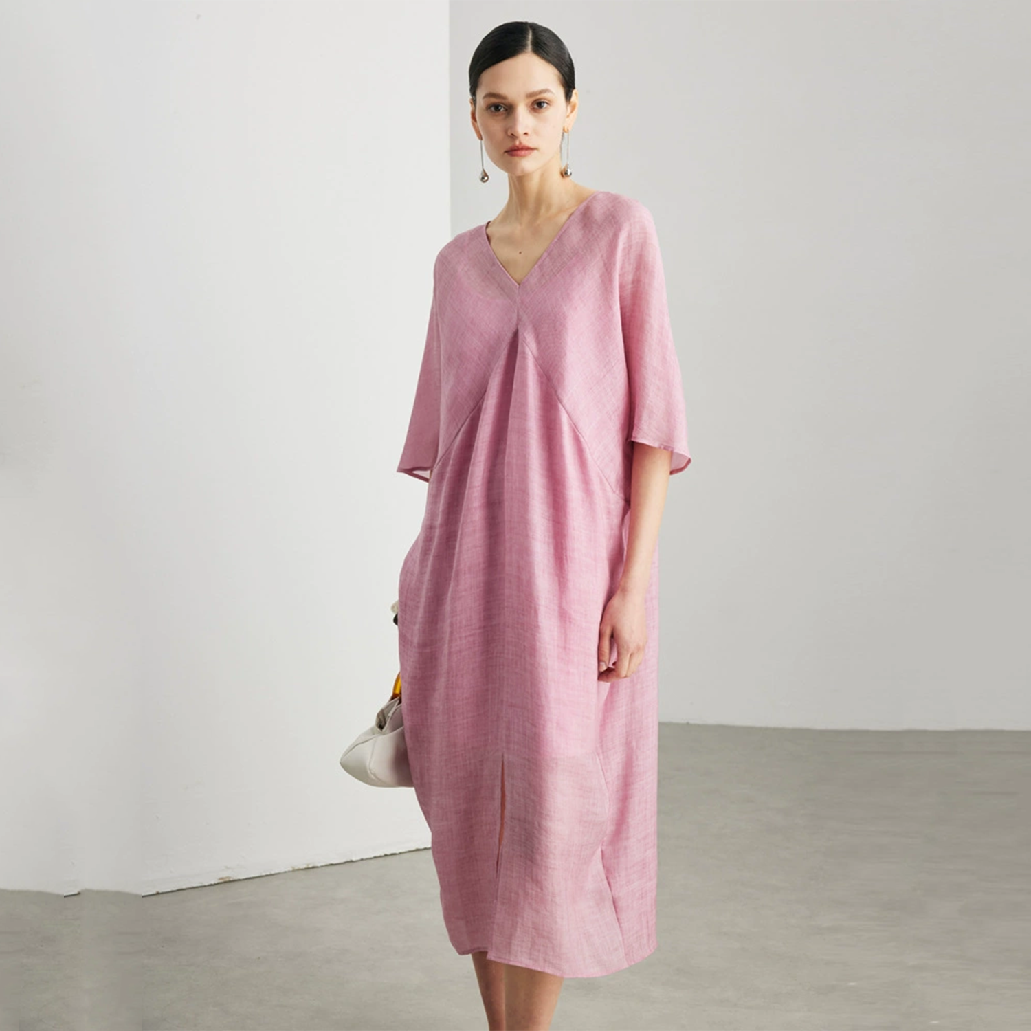 Linen Midi Dress Women 100% Ramie V Neck Loose Summer Dress REAL SILK LIFE