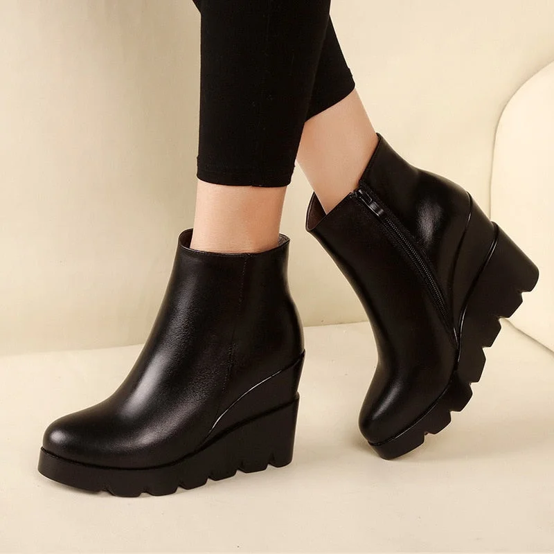 2022 autumn winter soft leather platform high heels girl wedges ankle boots shoes for woman fashion boots women Size 34-40