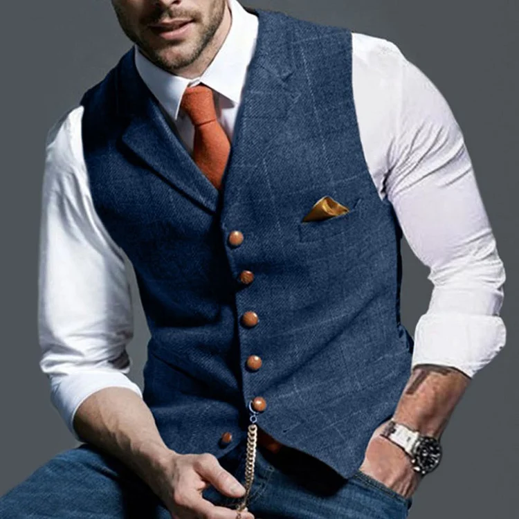 Business Lattice Notch Lapel Single Breasted Blazer Vest