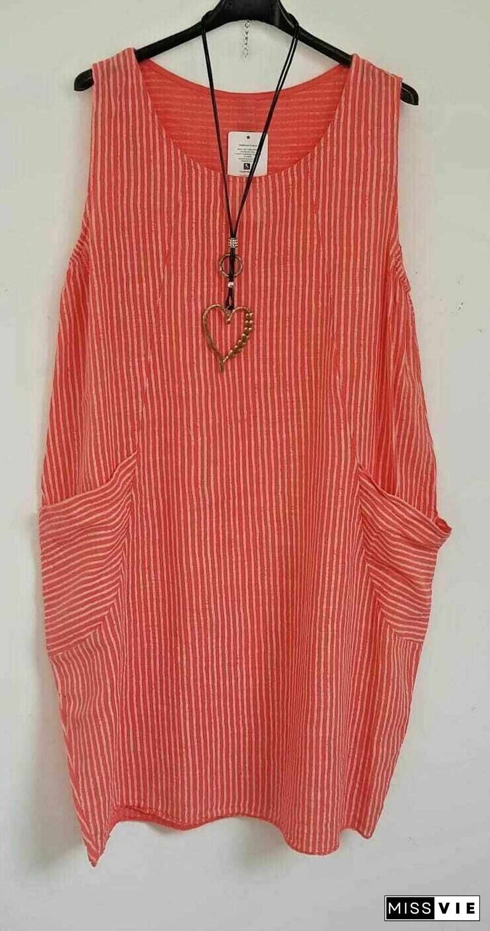 Ladies Stripe Design Summer Linen Cotton Long Pocket Top
