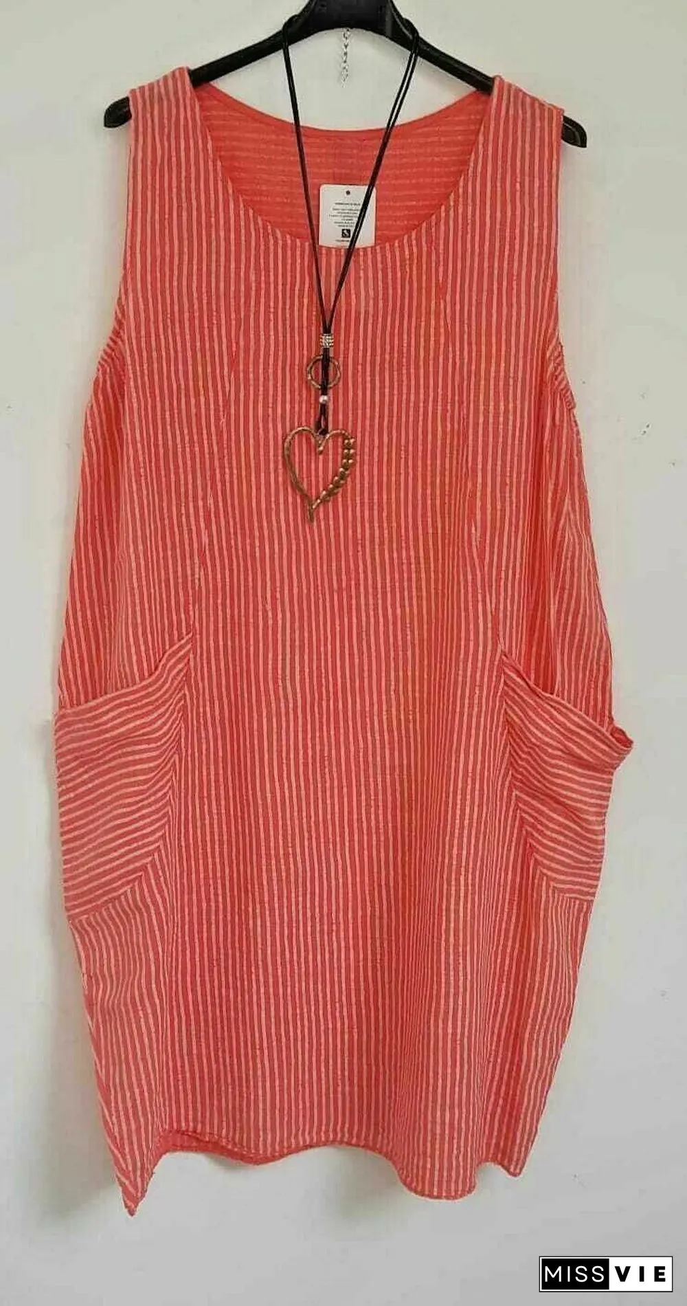 Ladies Stripe Design Summer Linen Cotton Long Pocket Top