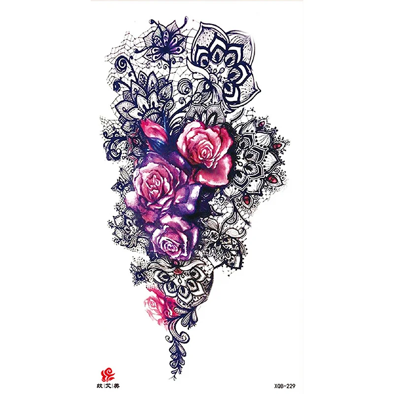 Sdrawing Temporary Tattoo Sticker Flash Tattoos Skull Snake Wolf Blue Pink Rose Flowers Body Art Arm Fake Sleeve Tatoo Women
