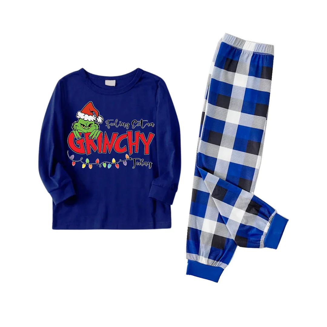 Green Cartoon Pettern And Red Letter Pattern Print Blue Top And Blue&White Plaid Pants Family Matching Pajamas