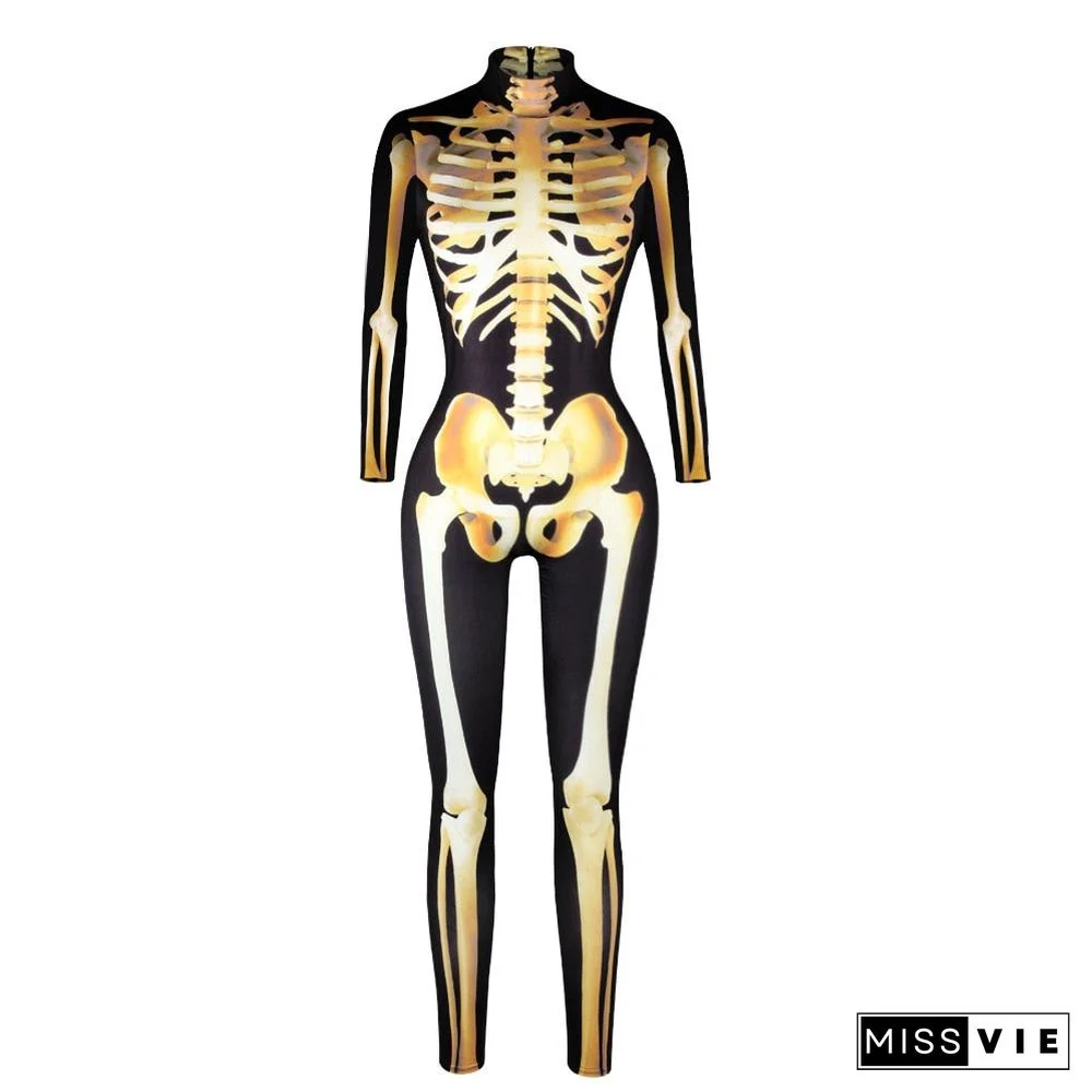 Halloween Adult Cosplay Bodysuit Scary Skeleton Costum Carnival Party Skull Print Long Sleeve Jumpsuit Slim Casual Pants