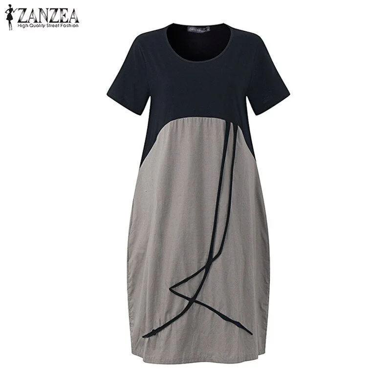 ZANZEA Women Casual Summer O Neck Short Sleeve Pockets Party Baggy Midi Dress Loose Splice Linen Beach Shirt Vestido