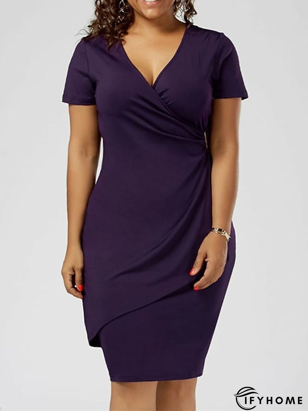 Women's Plus Size Work Dress Solid Color V Neck Ruched Short Sleeve Spring Summer Work Knee Length Dress Vacation Going out Dress / Loose Fit | IFYHOME