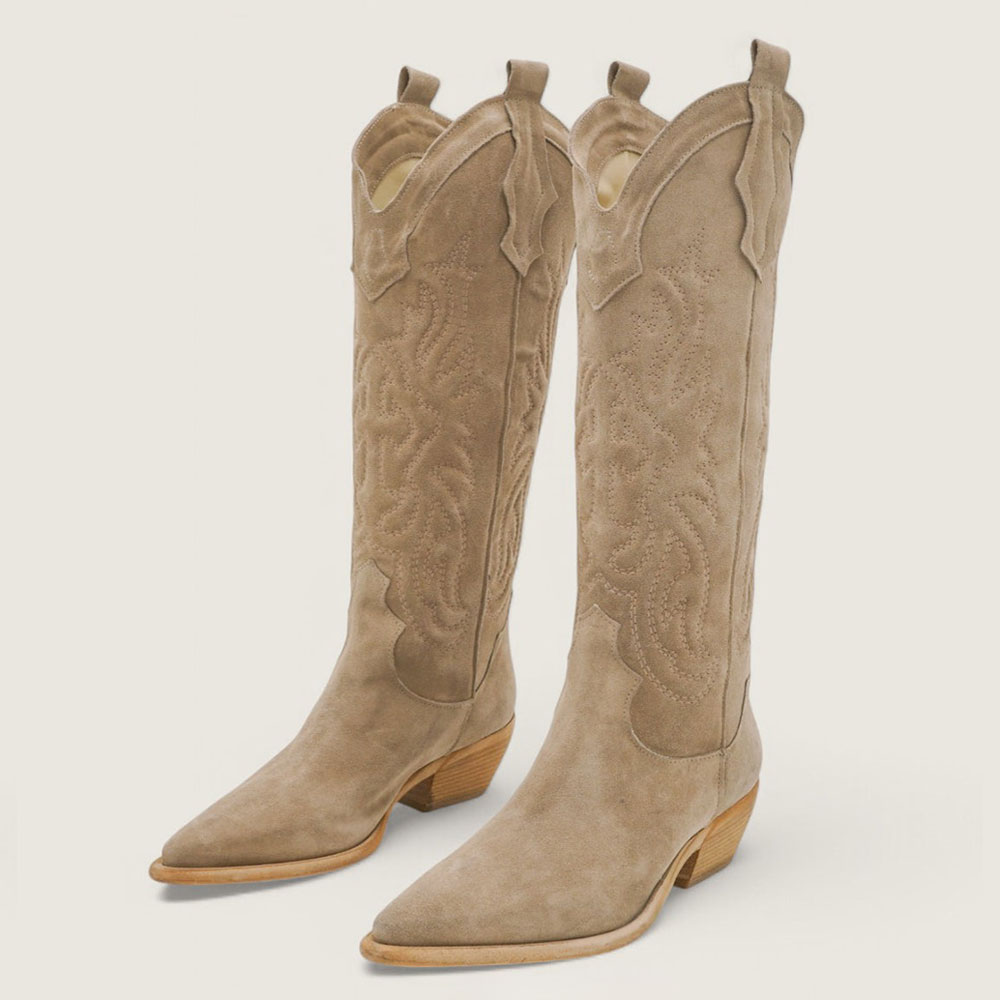 Khaki Pointed Toe Block Heel Embroidered Cowboy Boots for Women Nicepairs