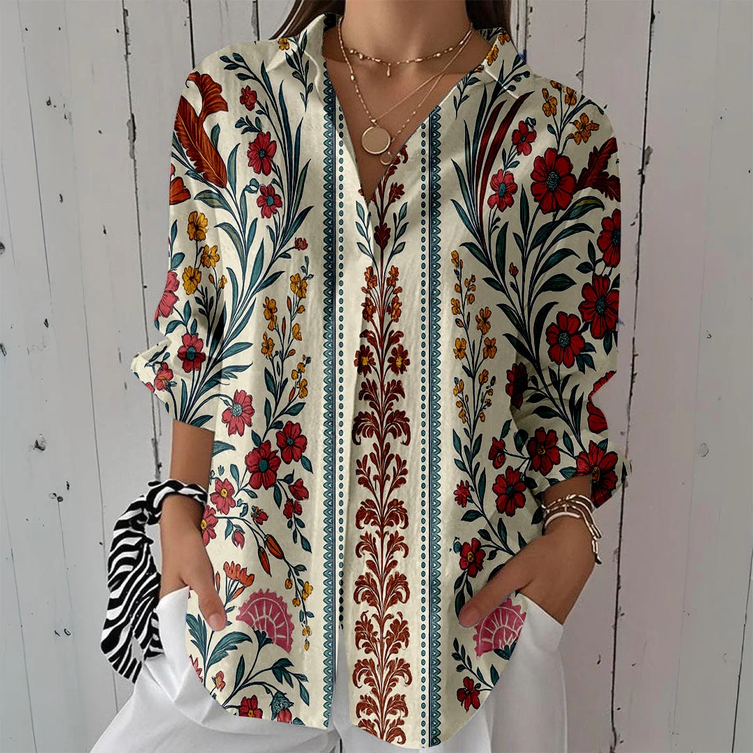 Style & Comfort for Mature Women Women Tropical,Red,Blue DZCL0275 3/4 Sleeve Shirt Collar Printed Button Tops