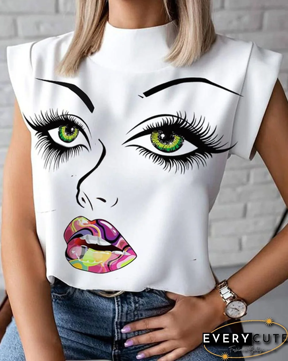 S-2XL New Fashion Women Elegant Lips Print Tops and Blouse Shirts Summer Ladies Office Casual Stand Neck Pullovers Eye Blusa Tops