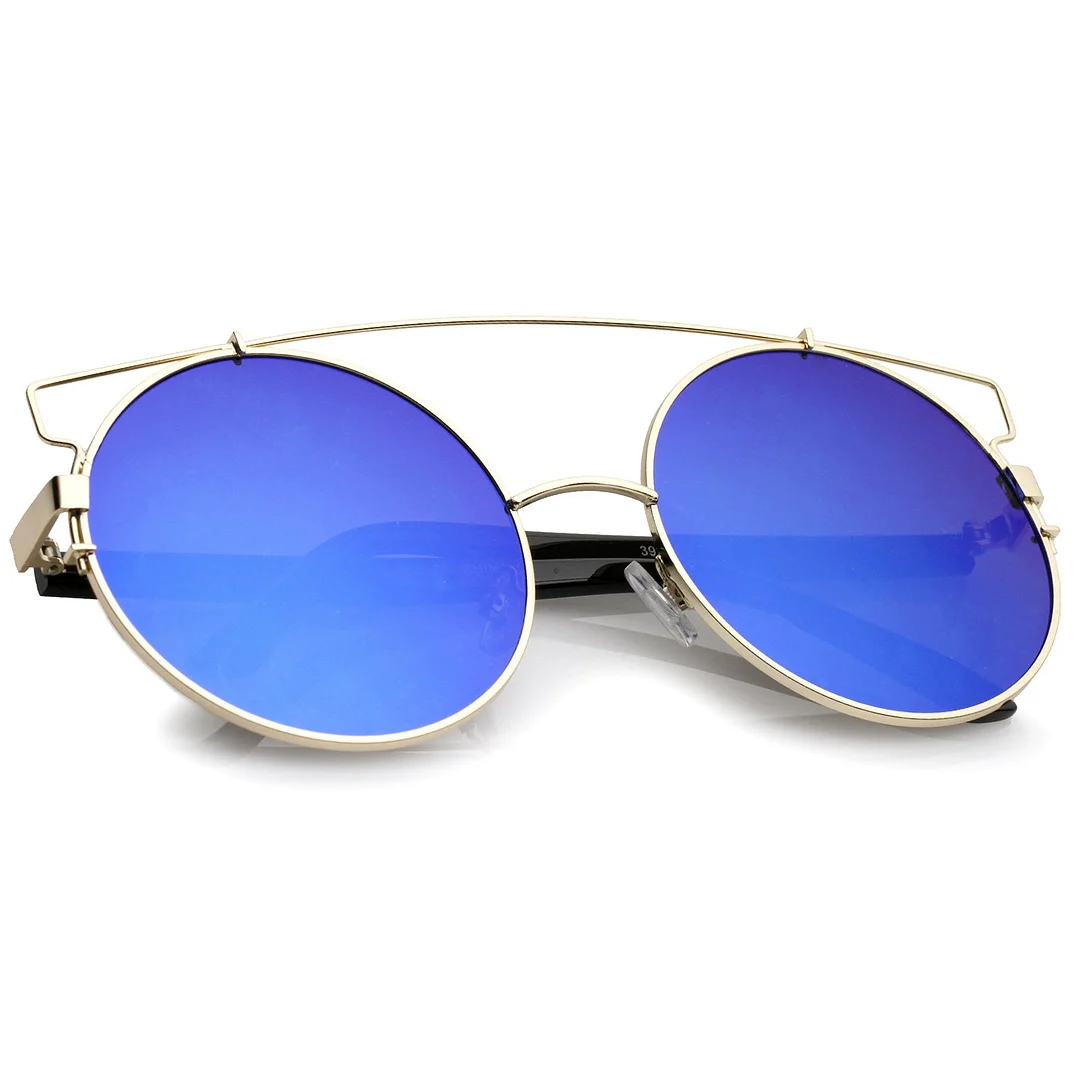 Oversize Metal Frame Horn Rimmed Crossbar Mirror Flat Lens Round glasses 62mm