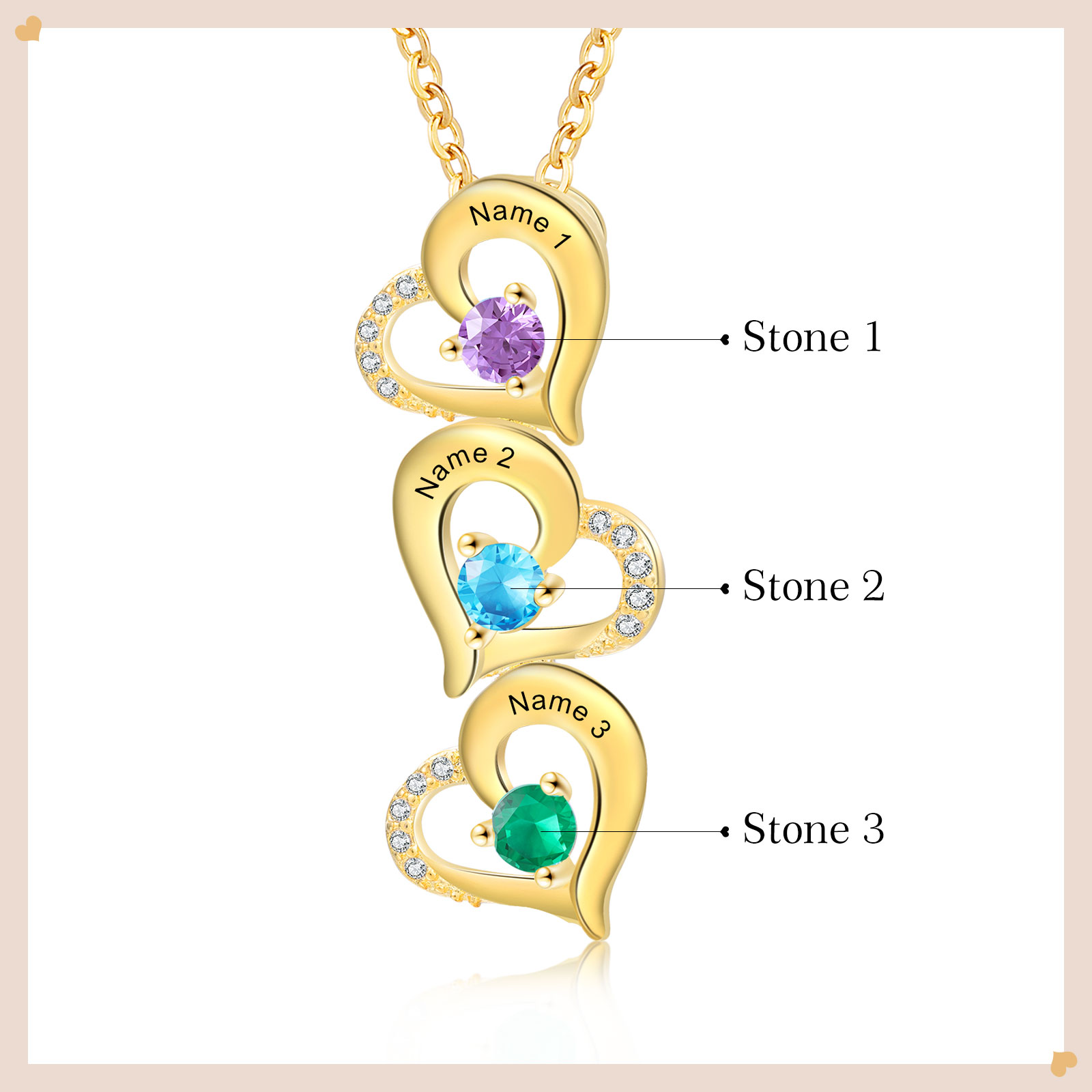 3 Names - Personalised Heart Pendant Necklace Custom Birthstones & Names Necklace Birthday Gift for Her-Jessemade AU