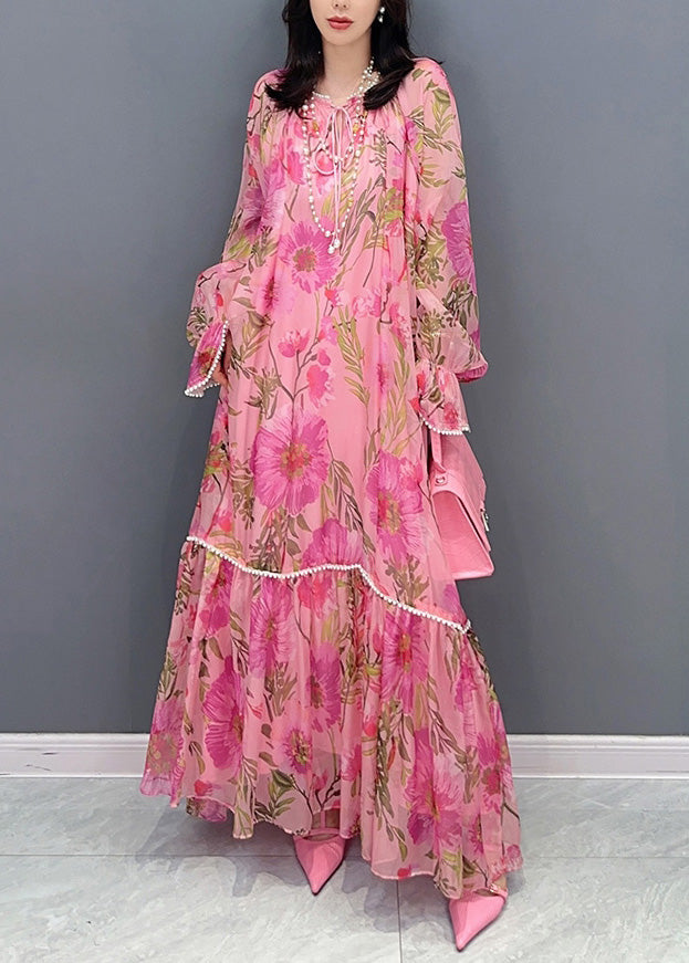 VCSHOES Pink O-Neck Print Nail bead Holiday Chiffon Long Dress Summer