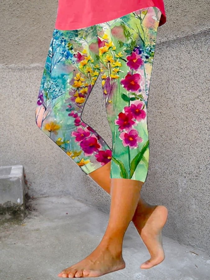 🔥Buy 3 Get 10% Off🔥Women's Oil Painting Floral Print  Cropped Leggings