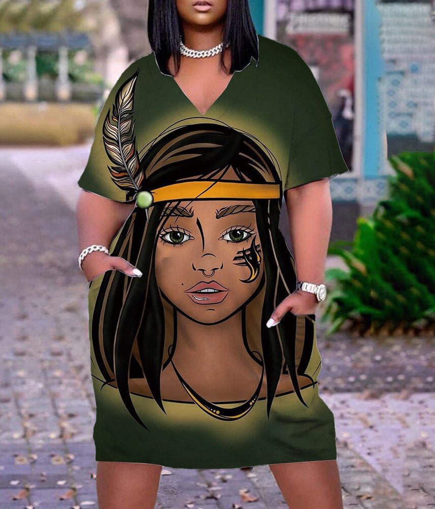 African Tribal Girl Print Plus Size V Neck Mid Sleeve Dress
