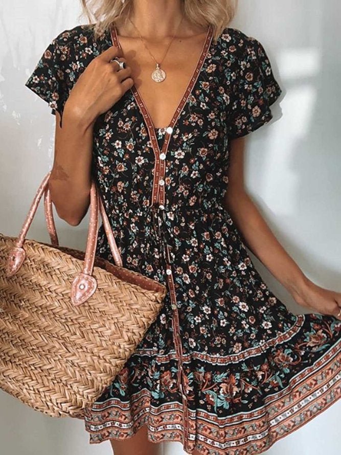 Multicolor Short Sleeve Printed Casual Cotton Dresses Black Dresses | EGEMISS