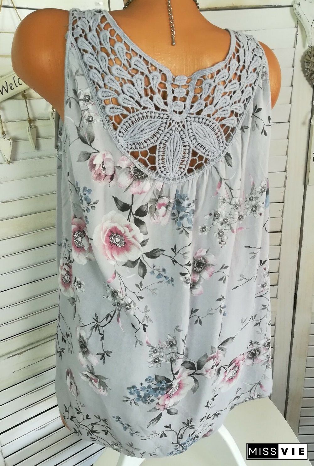 Women's Floral Printed Lace Stitching Sleeveless Tops Blouse