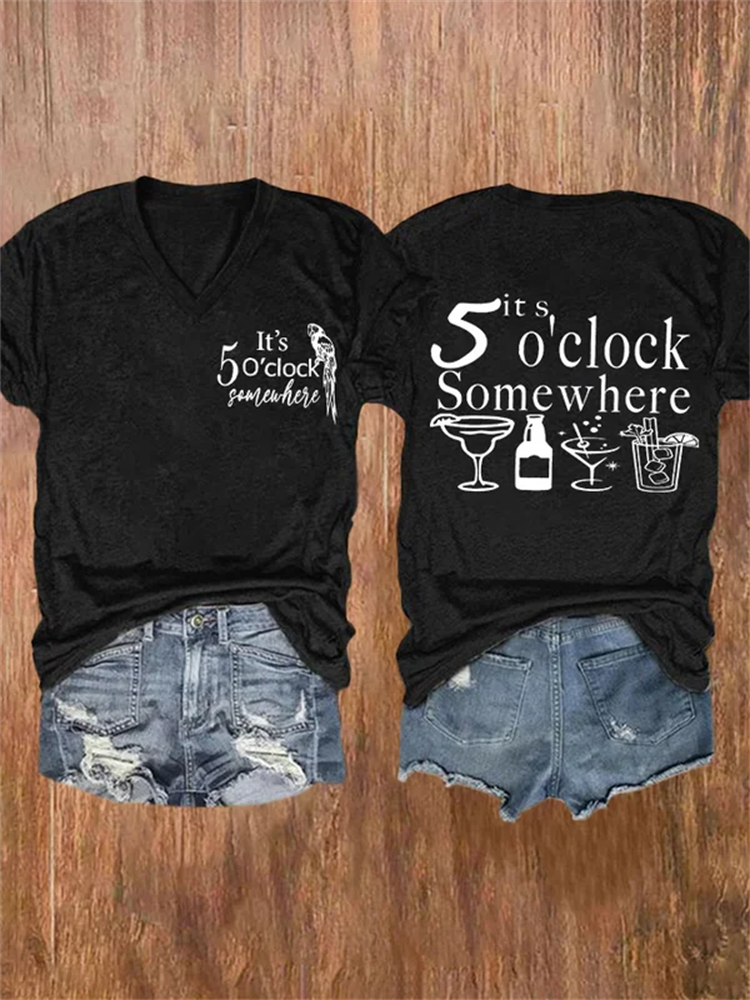 V-neck Retro It's 5 O'clock Somewhere Print T-Shirt