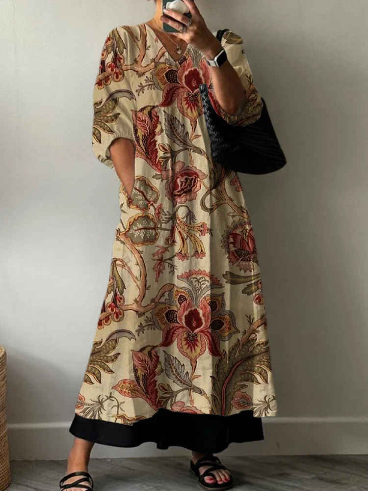 Women's Vintage Ethnic Flowers Print Pocket V-neck Cotton Dress