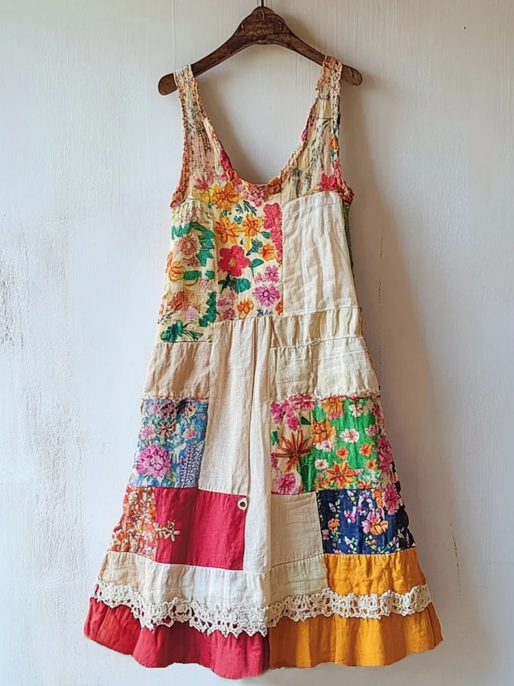 Utbros Boho Floral Pattern Patchwork Linen Blend Dress