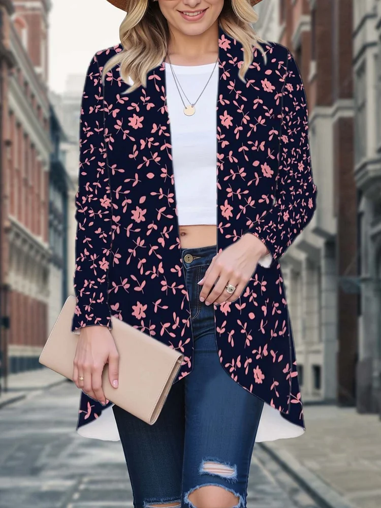 Women's Floral Print Lightweight Stretch Fabric Blazer - Elegant Long Sleeve Open Front Jacket For Casual & Formal Wear, Pink Geometric Pattern, Versatile All-Season Outerwear, Stylish Commuter Wear, Elegant Design, Sophisticated Texture