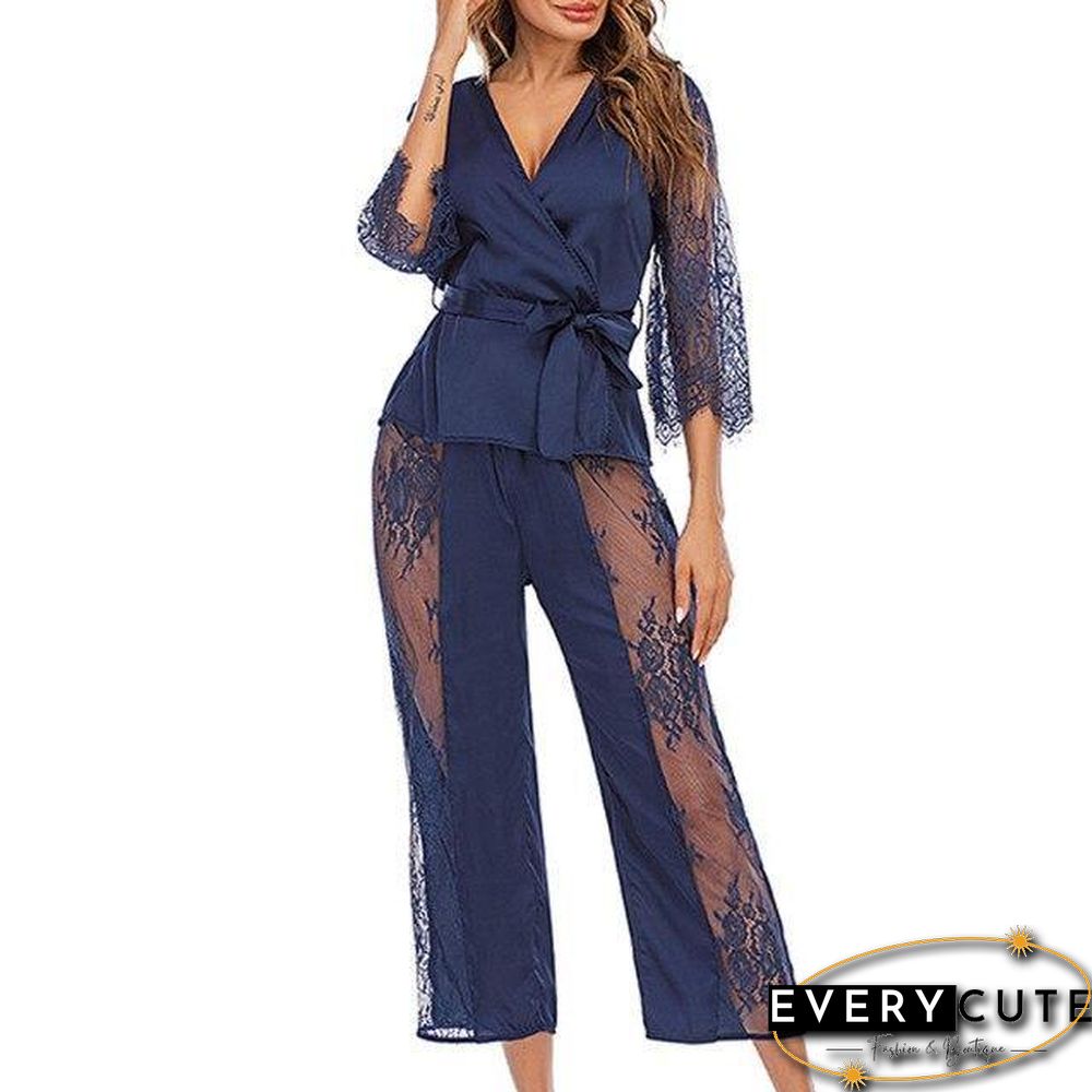 Women 2 Piece Set Sexy Two Piece Fashion Sexy Lace Sets Wear Lounge Wear Pocket Home Sleep Set Tops+pants Suit Female#f30