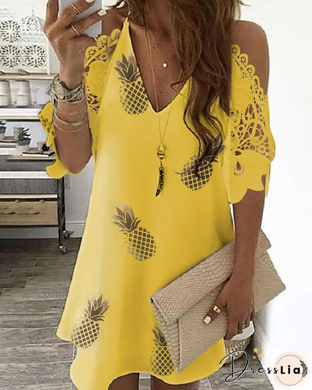 Pineapple Print Cold Shoulder Crochet Lace Dress