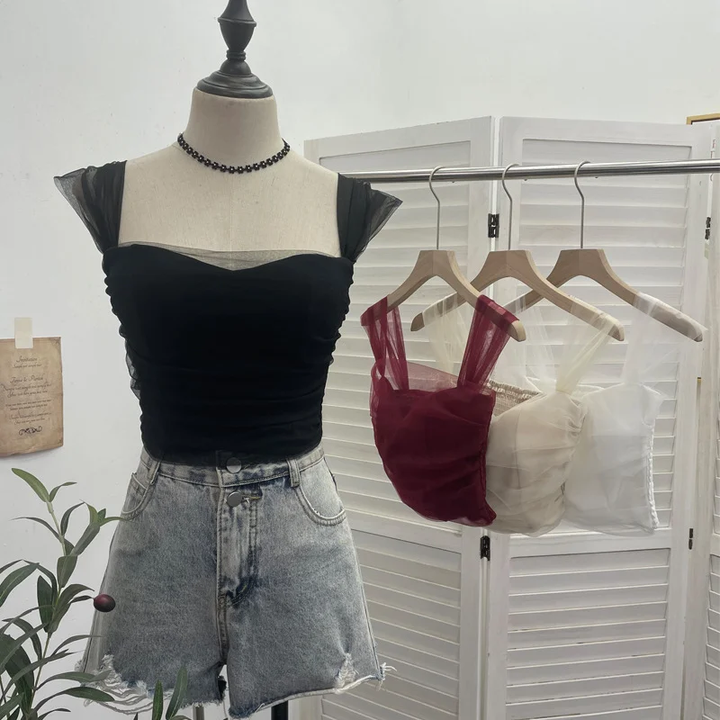 Breakj Real-Spat Thai-Style Small Design Mesh Yarn Draw-Folded Breast Sling Sling With Bra Cushion Short Sleeveless Top 8022