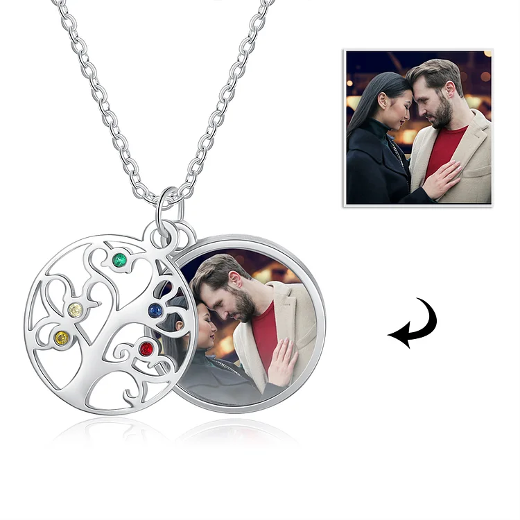 Family Tree Necklace Personalized With 5 Birthstones and Picture Tree Of Life Pendant, Custom Necklace with Pictures Inside