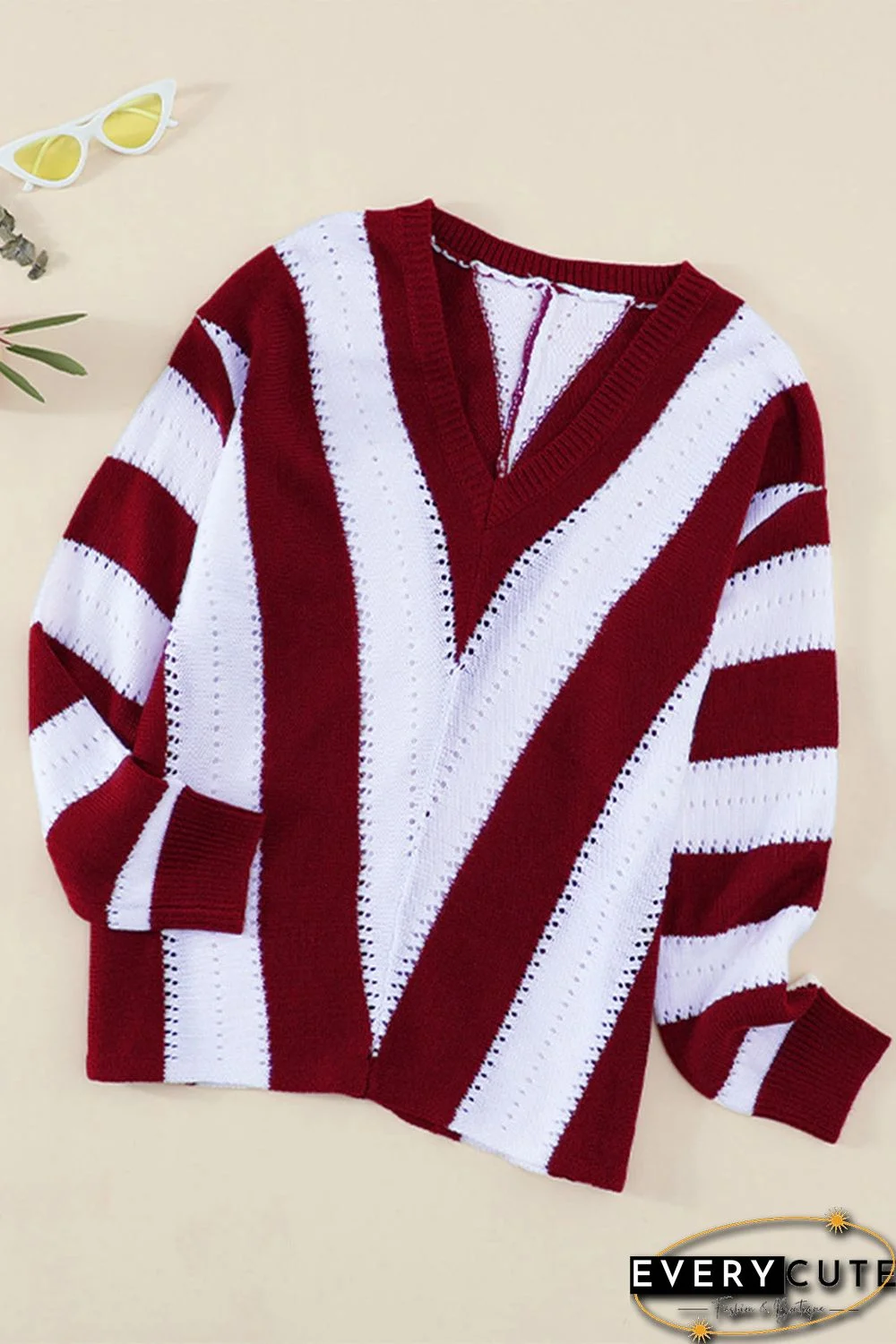 Red Striped Colorblock V Neck Knitted Sweater