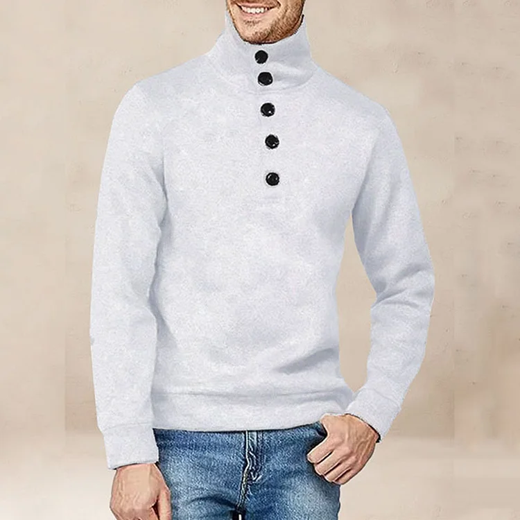 Casual Solid High Neck Button Decor Pullover Sweater