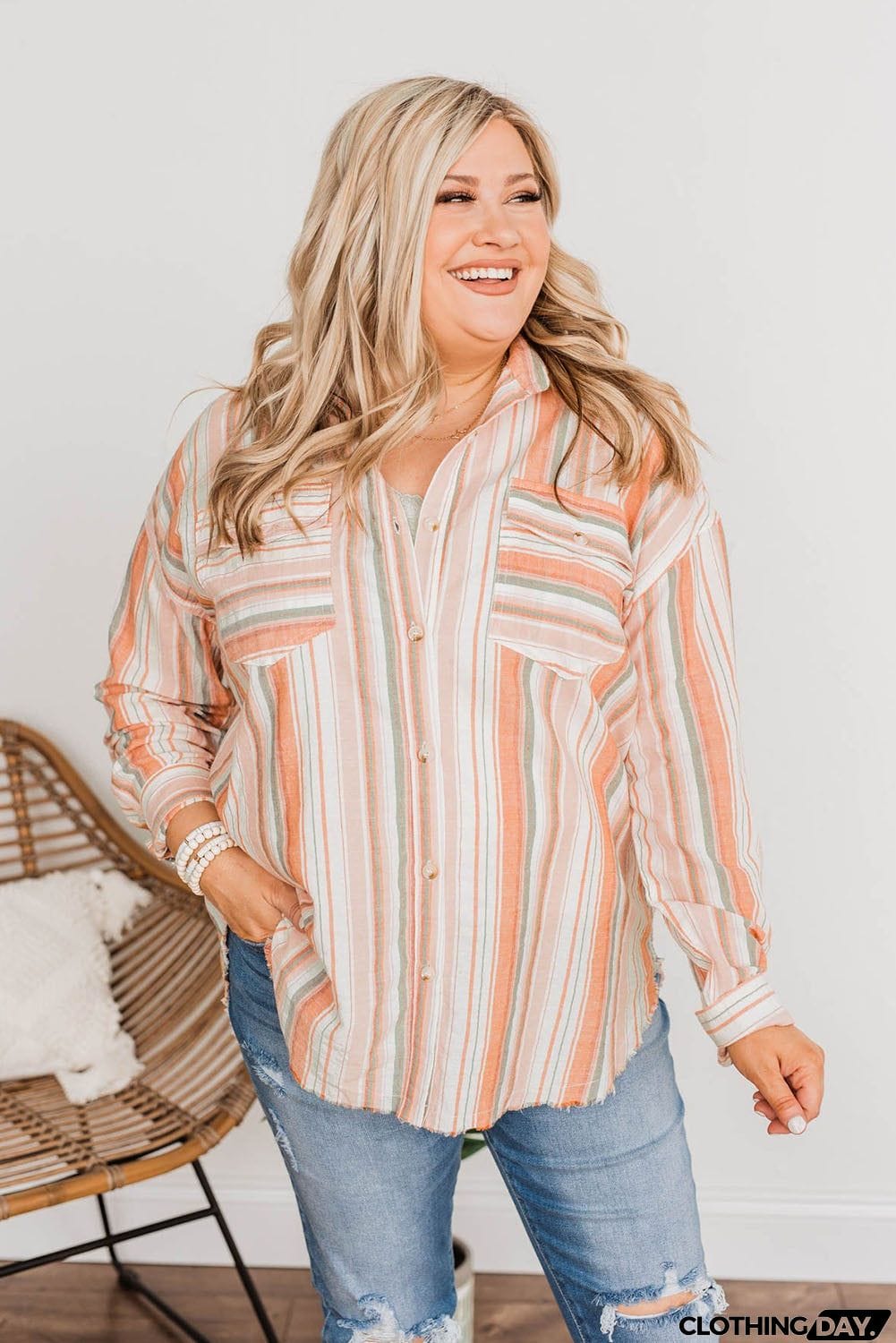 Plus Size Striped Shirt with Chest Pockets