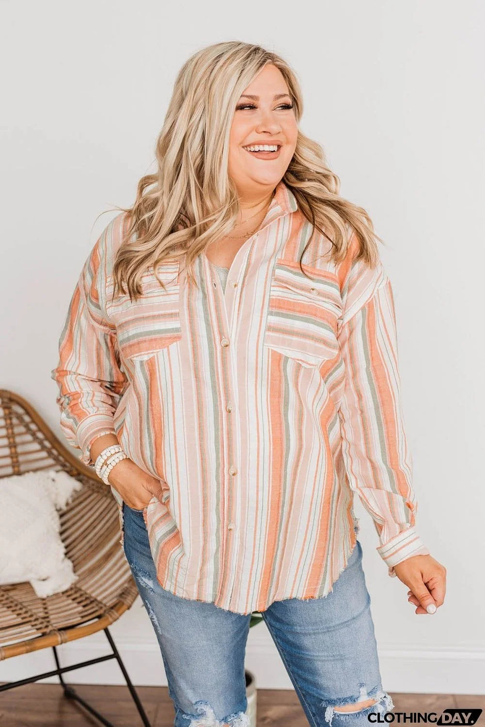 Plus Size Striped Shirt with Chest Pockets