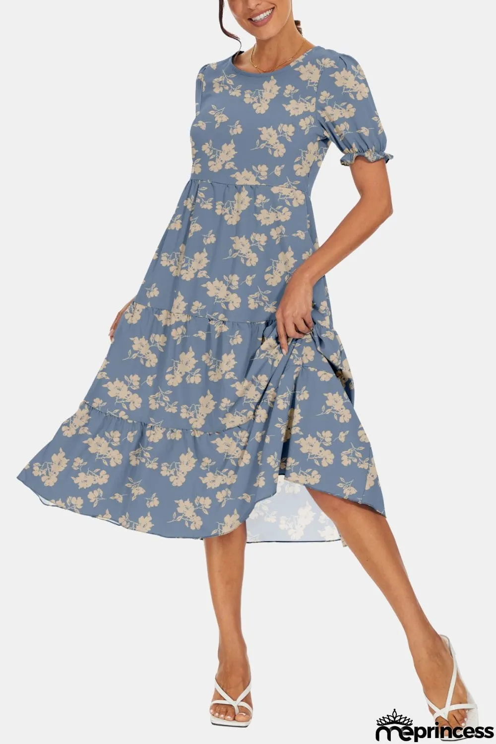 Round Neck Flounce Sleeve Midi Dress