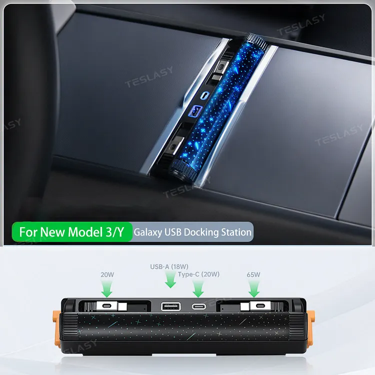 Teslasy Starlight Retractable Charging Hub with Sliding Console Cover for Tesla Model 3 Highland/ Model Y Juniper