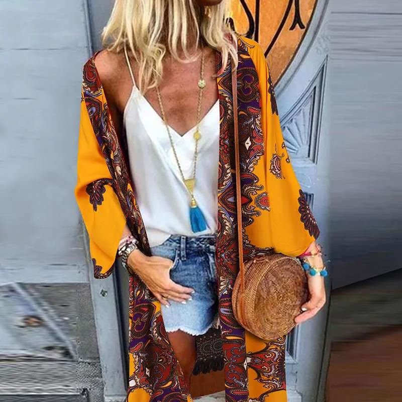 Summer Bohemian Beach Cardigan Women Long Sleeve Floral Blouse Casual Vocation Shirt ZANZEA Long Sleeve Open Front Retro Kimono