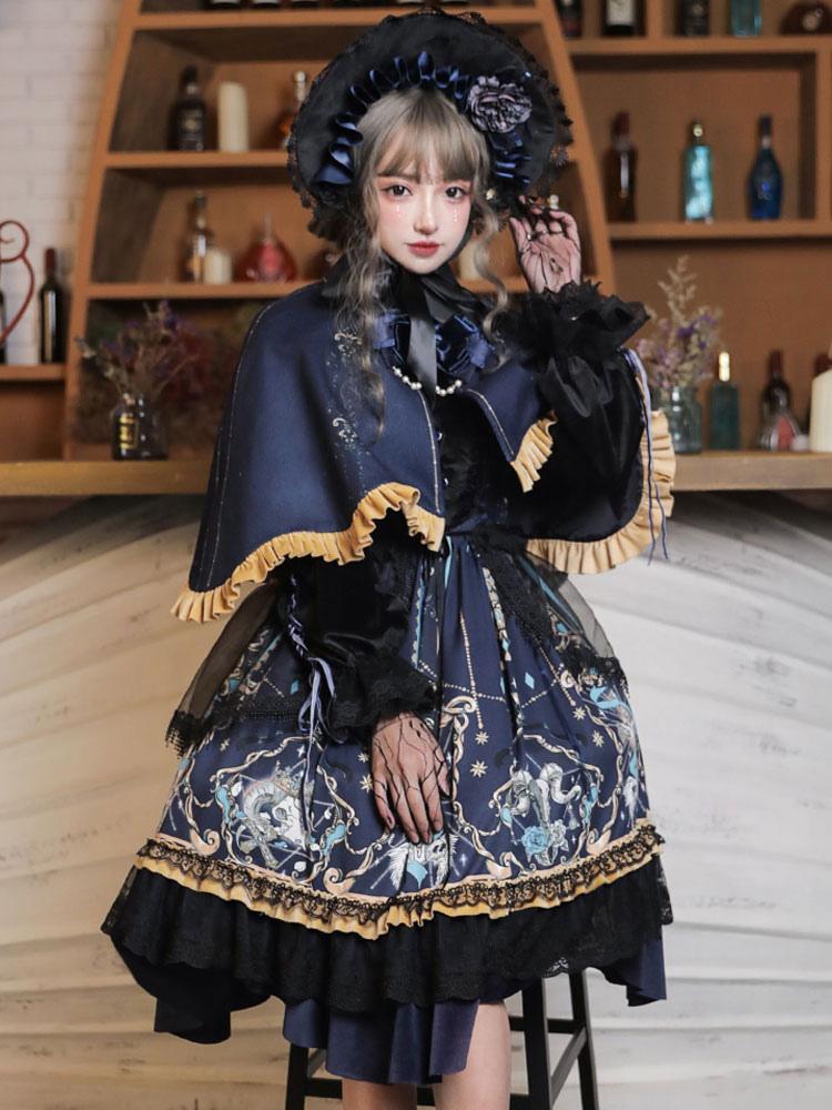 Classic Retro Blue OP Black Bow Print Lace Cape Four-Piece Dress God Lolita Jumpsuit