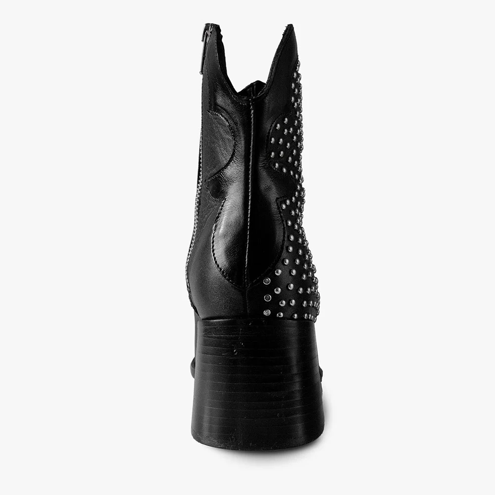 Black Studded Snip Toe Block Heel Zipper Ankle Cowgirl Boots for Women